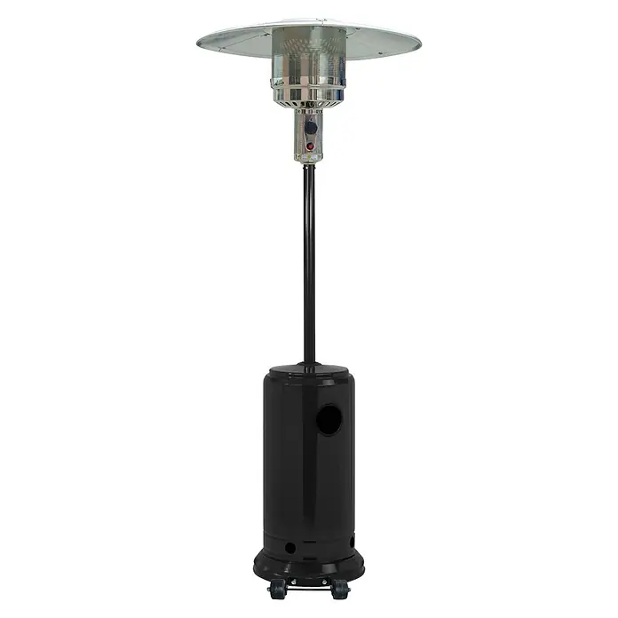 Estufa de exterior Fulmo - 13 kW, Altura: 217 cm, Negro - Calentador de patio negro con parte superior plateada, base cilíndrica y ruedas para portabilidad.