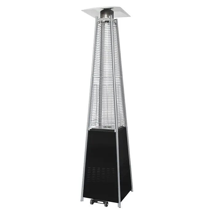 Estufa de exterior pirámide Fulmo - 13 kW, Altura: 227 cm, Negro - Calentador de patio piramidal plateado y negro con elemento calefactor transparente, tapa plana y ruedas.