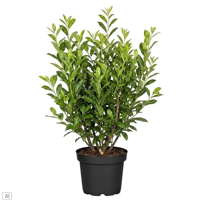 Kirschlorbeer Novita - 130 cm - 140 cm, Prunus laurocerasus 'Novita' - Eine üppige grüne Topfpflanze in einem schwarzen Blumentopf.
