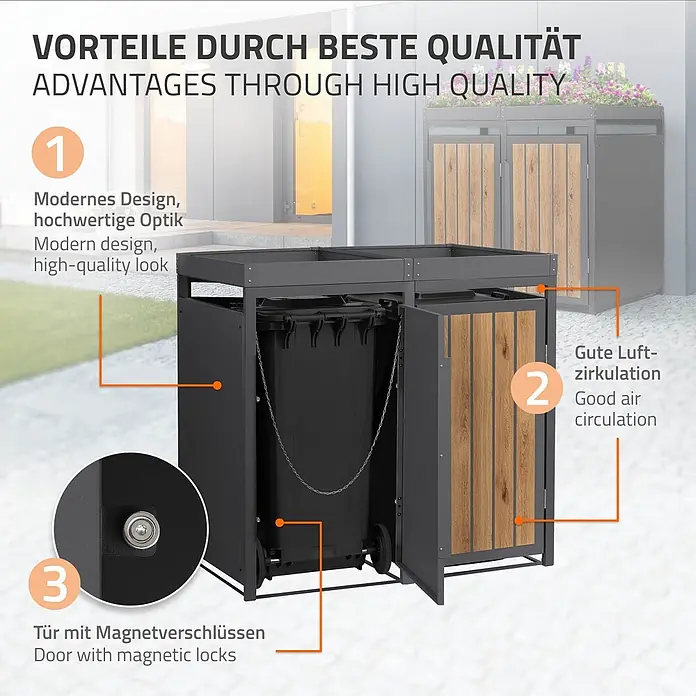 ML-Design Mülltonnenbox 2er 240L Pflanzdach Anthrazit-Holzoptik -  - Dunkelgraue Mülltonnenbox aus Metall mit Holzlamellentüren, enthält eine schwarze Mülltonne. Mit modernem Design, guter Luftzirkulation und Magnetverschlüssen.