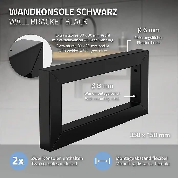 Wandkonsole 2er Set für Waschtisch 350x150 mm Schwarz aus Stahl -  - Schwarze Metall-Wandkonsole, 350x150mm, 30x30mm Profil, 6mm Fixierlöcher und 8mm Wandbefestigungslöcher. Zwei Stück für flexible Montage.