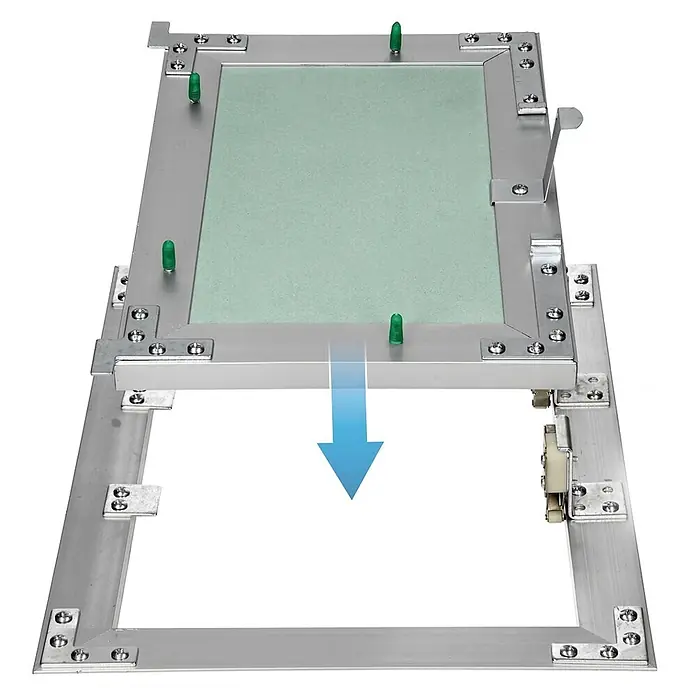 Revisionsklappe 200 x 250 mm, Alu Rahmen, grüne 12,5mm GK-Einlage -  - Silberne Revisionsklappe mit hellgrüner Gipskartonplatte wird in einen Rahmen abgesenkt.