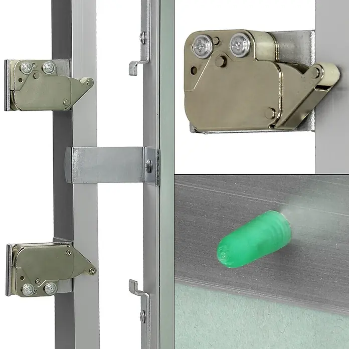 Revisionsklappe 200 x 250 mm, Alu Rahmen, grüne 12,5mm GK-Einlage -  - Beiger Push-to-Open-Verschluss mit silbernen Gegenstücken und grünem Puffer für Schranktüren.