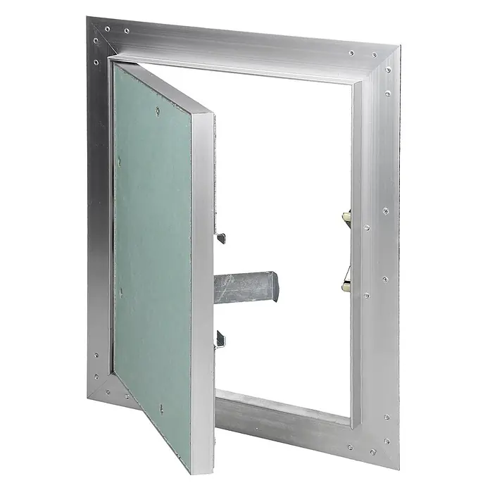 Revisionsklappe 200 x 250 mm, Alu Rahmen, grüne 12,5mm GK-Einlage -  - Silberfarbene Aluminium-Revisionsklappe mit grüner Gipsplatte, teilweise geöffnet.