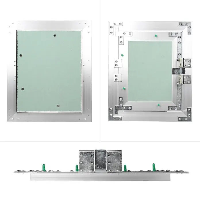 Revisionsklappe 200 x 250 mm, Alu Rahmen, grüne 12,5mm GK-Einlage -  - Aluminium Revisionsklappe mit hellgrüner Gipskartonplatte, geschlossen, offen mit Scharnieren/Verriegelungen und von der Seite gezeigt.