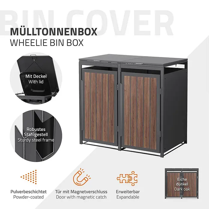 ML-Design Mülltonnenbox 2er 240L Anthrazit-Holzoptik 132x80x120 cm -  - Dunkelgraue, pulverbeschichtete Mülltonnenbox aus Stahl mit zwei Türen in dunkler Eichenholzoptik und Deckeln. Erweiterbar.