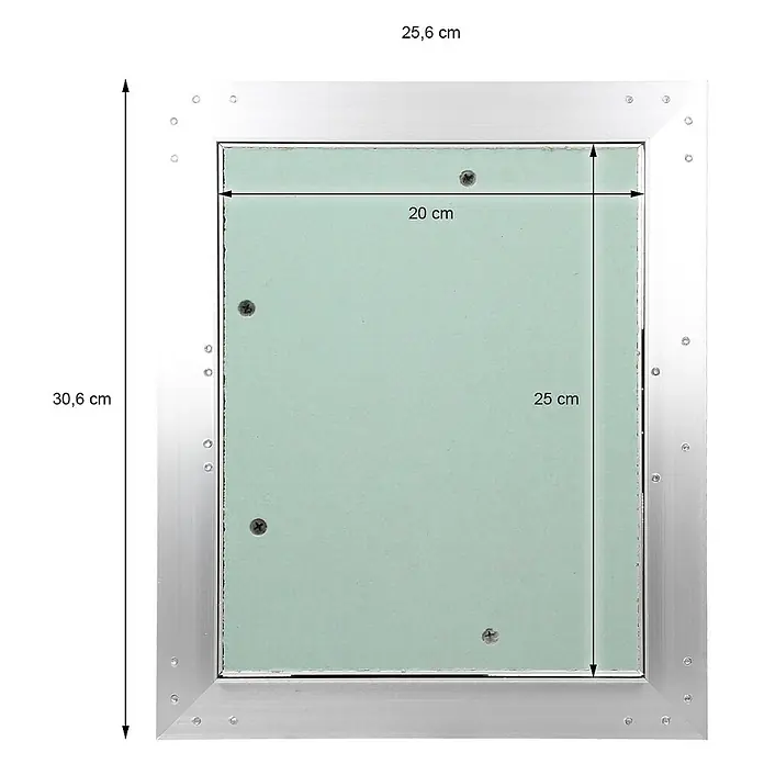 Revisionsklappe 200 x 250 mm, Alu Rahmen, grüne 12,5mm GK-Einlage -  - Revisionsklappe aus silbernem Aluminium mit grüner Gipskartonplatte, außen 25,6x30,6 cm, innen 20x25 cm.