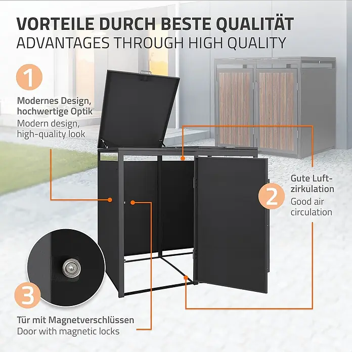 ML-Design Mülltonnenbox 2er 240L Anthrazit-Holzoptik 132x80x120 cm -  - Dunkelgraue Metall-Mülltonnenbox mit offenem Deckel und Türen, die Belüftung und Magnetverschlüsse zeigt.