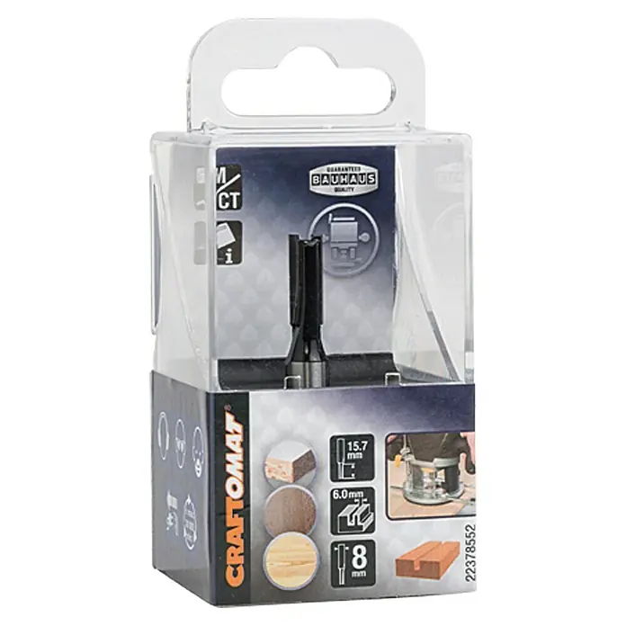 Craftomat Fresa de ranurado - 6 mm, Diámetro vástago: 8 mm - Primer plano de un embalaje de fresadora de ranura Craftomat. La fresadora está diseñada para aplicaciones de carpintería.