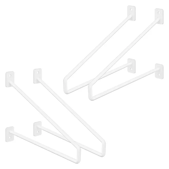 4er Set Regalhalterung 26,5 cm Weiß aus Stahl Wandmontage Haarnadel -  - Zwei Paare weiße Metall-Drahtregalhalterungen mit rechteckigen Wandplatten und angewinkelten Stützstangen.