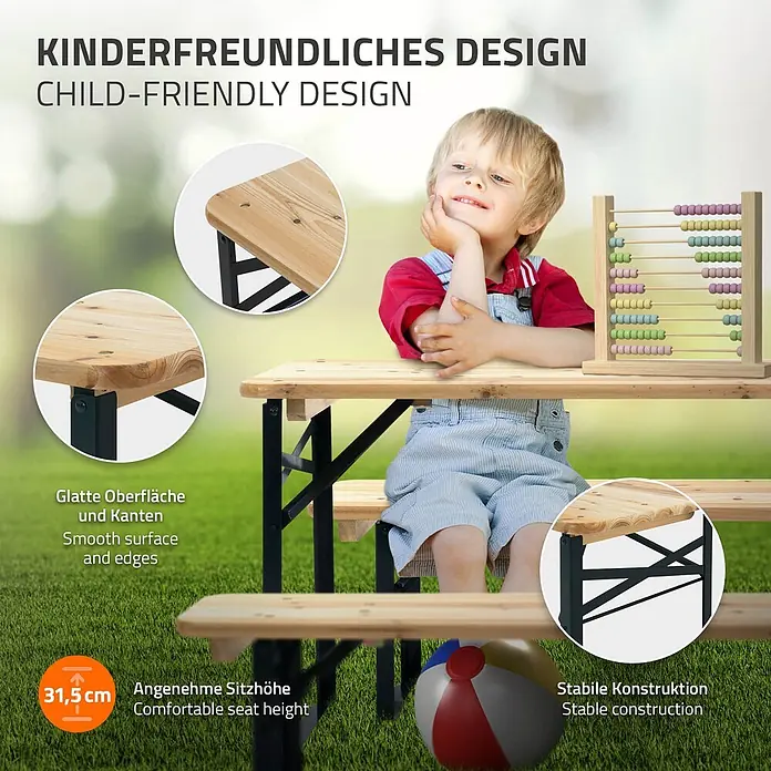Kindersitzgarnitur Outdoor Tannenholz 2 Bänke mit Tisch Stahlgestell -  - Kinder-Picknicktisch aus Holz und Metall, mit glatten Kanten und 31,5 cm Sitzhöhe, von einem Kind genutzt.