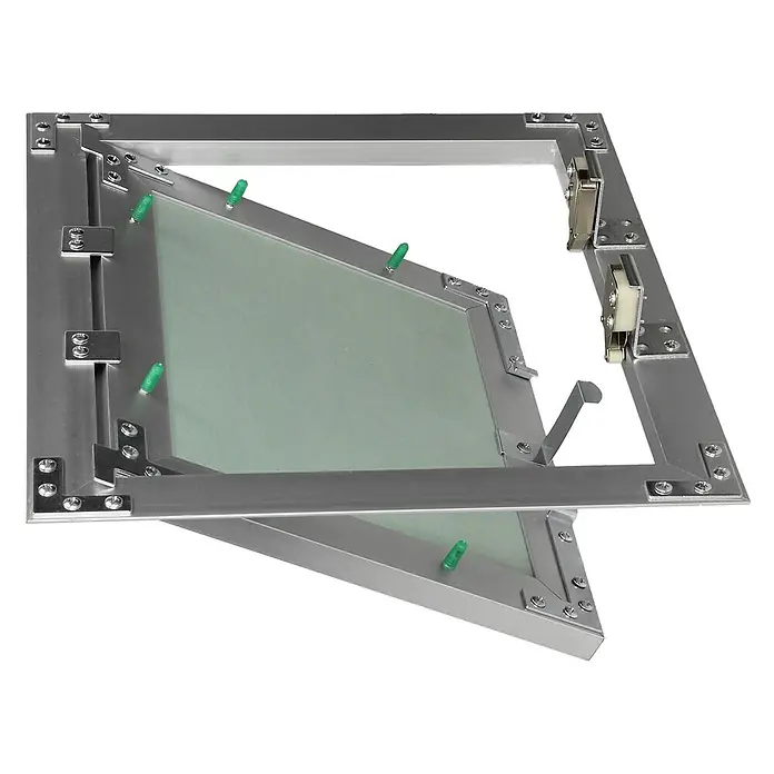 Revisionsklappe 250 x 300 mm, Alu Rahmen, grüne 12,5mm GK-Einlage -  - Silberne Aluminium-Revisionsklappe mit hellgrünem Gipskartoneinsatz, teilweise geöffnet mit Scharnieren.