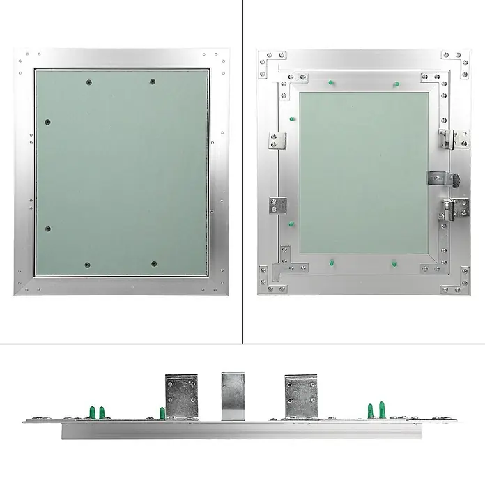 Revisionsklappe 250 x 300 mm, Alu Rahmen, grüne 12,5mm GK-Einlage -  - Aluminium-Revisionsklappe mit hellgrünem Gipskarton-Einsatz, geschlossen, offen und im Seitenprofil gezeigt, mit Scharnieren und Verschlüssen.