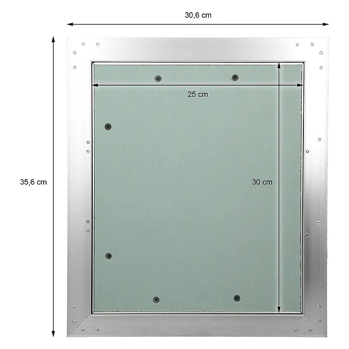 Revisionsklappe 250 x 300 mm, Alu Rahmen, grüne 12,5mm GK-Einlage -  - Silbernes Aluminium-Revisionsklappe mit grüner Gipskartonplatte für Wand-/Deckenöffnung.