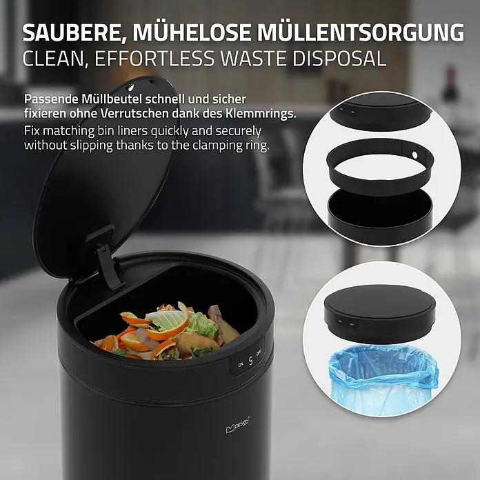 ML-Design Sensormülleimer 30L rund aus Stahl Abfalleimer berührungslos, Klemmring für Müllbeutel - 30 l, Stahl, Schwarz - Schwarzer smarter Abfalleimer mit offenem Deckel und Speiseresten. Einsätze zeigen das Befestigen eines blauen Müllbeutels mit Klemmring.