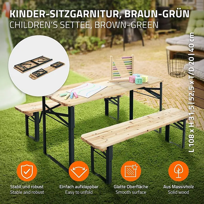 Kindersitzgarnitur Outdoor Tannenholz 2 Bänke mit Tisch Stahlgestell -  - Kinder-Klappgarnitur: Holztisch und zwei Bänke mit schwarzem Metallrahmen.