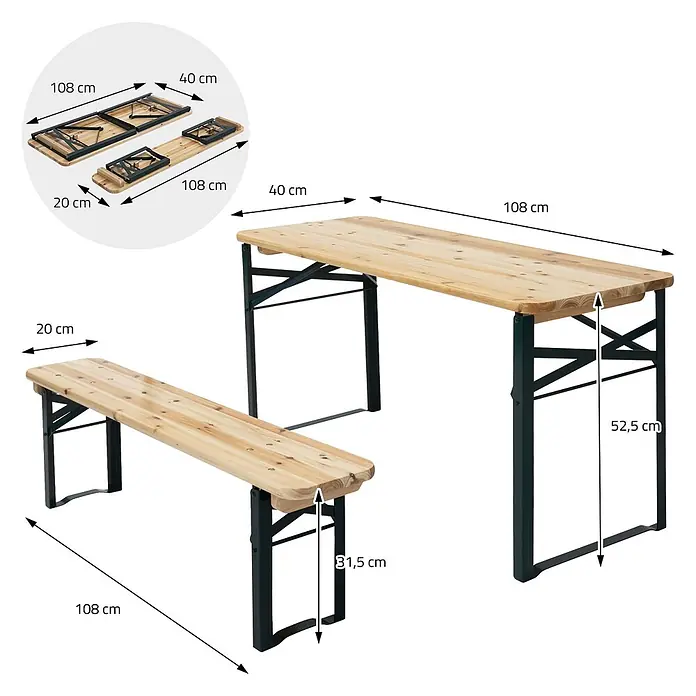Kindersitzgarnitur Outdoor Tannenholz 2 Bänke mit Tisch Stahlgestell -  - Klappbares Picknicktisch- und Bankset aus hellem Holz und schwarzem Metall, mit Maßen und im zusammengeklappten Zustand.