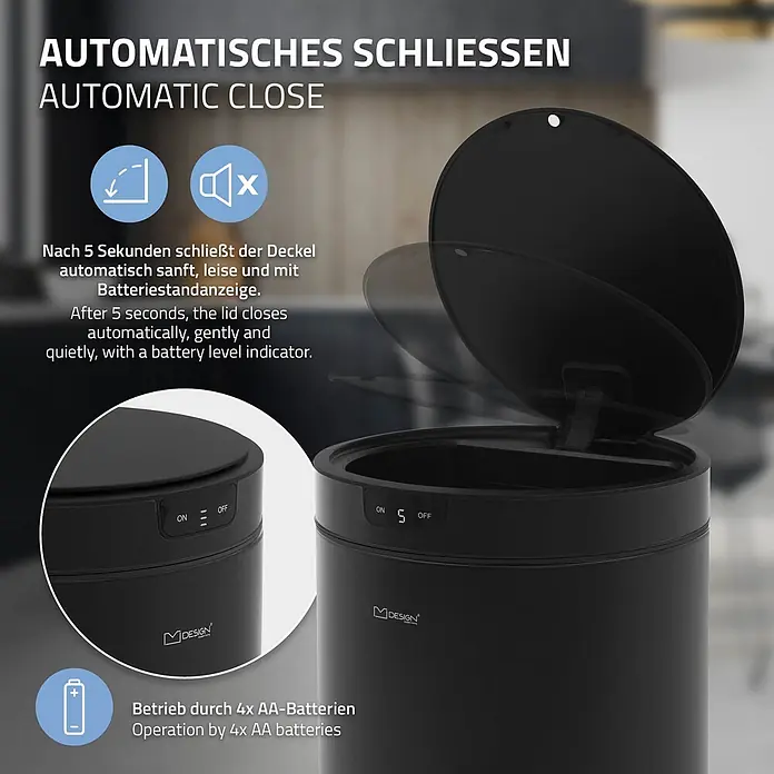 ML-Design Sensormülleimer 30L rund aus Stahl Abfalleimer berührungslos, Klemmring für Müllbeutel - 30 l, Stahl, Schwarz - Schwarzer automatischer Mülleimer mit offenem Deckel. Sanftes, leises 5-Sekunden-Schließen, Betrieb mit 4 AA-Batterien.