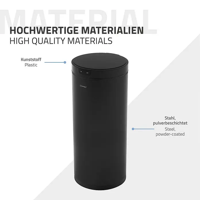 Mülleimer mit Sensor 40L rund aus Stahl Schwarz matt Automatisch -  - Schwarzer, automatischer Mülleimer aus pulverbeschichtetem Stahl mit Kunststoffdeckel.