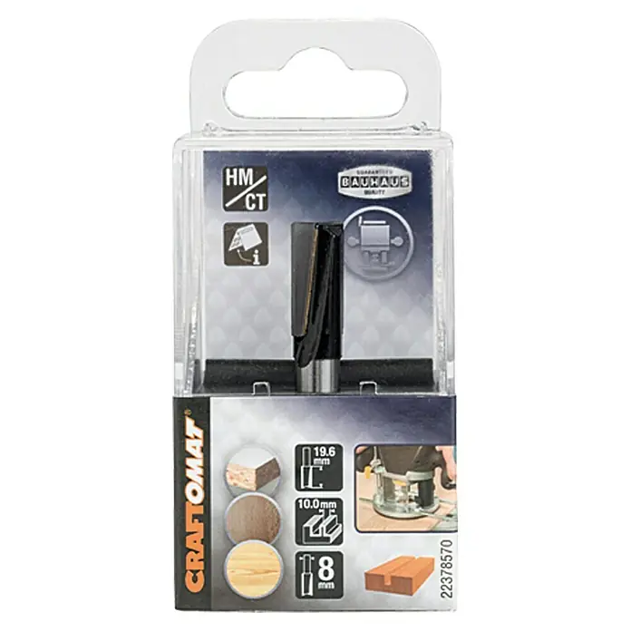 Craftomat Fresa de ranurado - 10 mm, Diámetro vástago: 8 mm - Imagen de un envase de fresa para ranuras CRAFTOMAT que muestra las características del producto.
