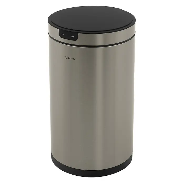 Mülleimer mit Sensor 30L rund aus Edelstahl, Silber, Automatisch -  - Edelstahl-Sensor-Mülleimer mit silbernem Gehäuse, schwarzem Deckel und Boden, mit ON/OFF-Tasten.