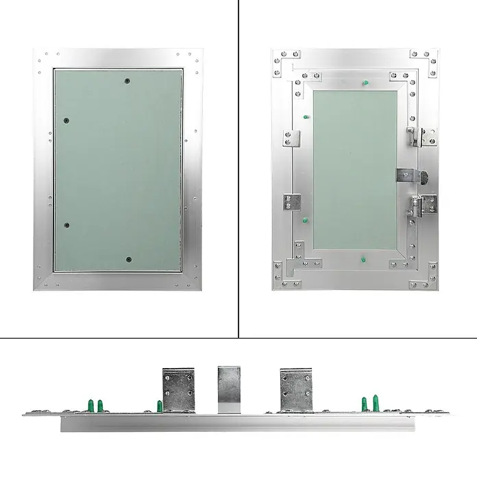 Revisionsklappe 200 x 300 mm, Alu Rahmen, grüne 12,5mm GK-Einlage -  - Silberne Aluminium-Revisionsklappe mit hellgrüner Gipskartonplatte, geschlossen, offen mit Scharnieren und Verschlüssen, und in Seitenansicht.