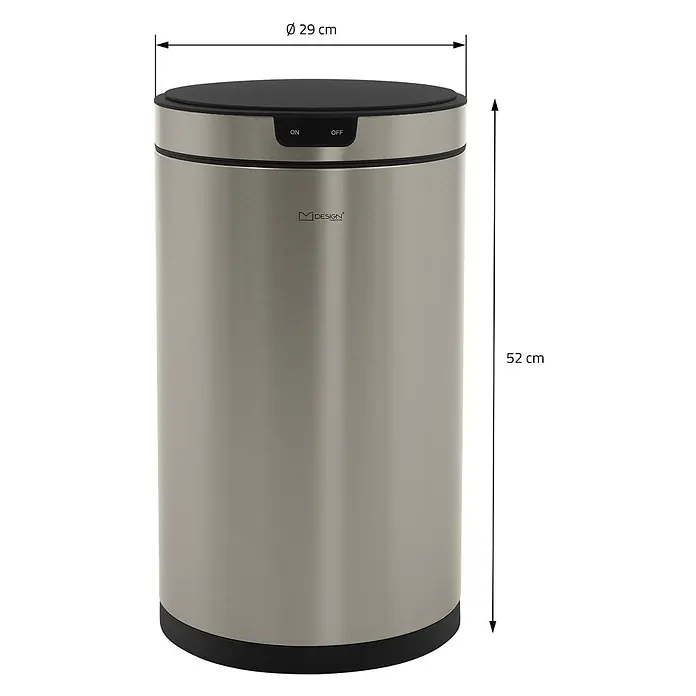 Mülleimer mit Sensor 30L rund aus Edelstahl, Silber, Automatisch -  - Zylindrischer Edelstahl-Mülleimer mit schwarzem Deckel und ON/OFF-Tasten. Maße: Ø 29 cm, H 52 cm.