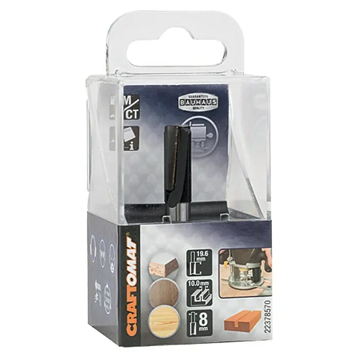 Craftomat Fresa de ranurado - 10 mm, Diámetro vástago: 8 mm - Un primer plano de la fresadora de ranuras Craftomat con rodamiento de guía, envasada en un embalaje de plástico transparente.