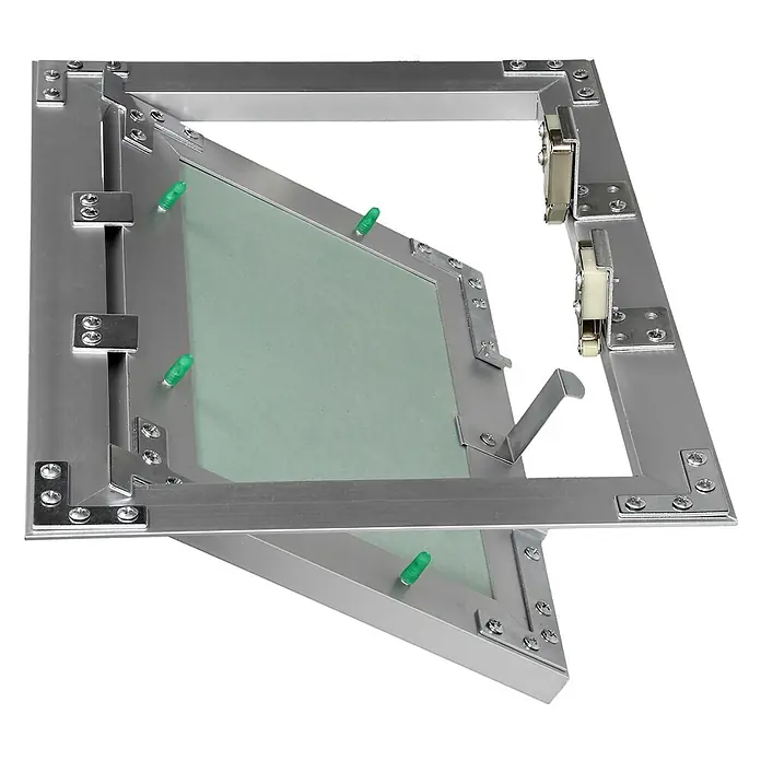 Revisionsklappe 200 x 300 mm, Alu Rahmen, grüne 12,5mm GK-Einlage -  - Offene Aluminium-Revisionsklappe mit grüner Gipskarton-Einlage, zeigt Scharniere und Verschlussmechanismus.