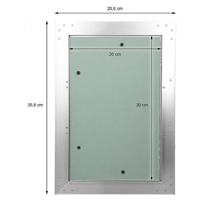 Revisionsklappe 200 x 300 mm, Alu Rahmen, grüne 12,5mm GK-Einlage -  - Silbernes Aluminium-Revisionsklappe mit hellgrüner Gipskartonplatte. Außenmaße 25,6x35,6 cm, Öffnung 20x30 cm.
