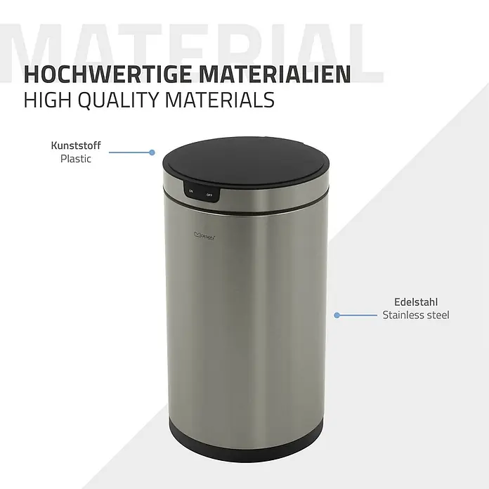 Mülleimer mit Sensor 30L rund aus Edelstahl, Silber, Automatisch -  - Zylindrischer Abfalleimer aus Edelstahl mit schwarzem Kunststoffdeckel und Ein-/Ausschaltknöpfen.