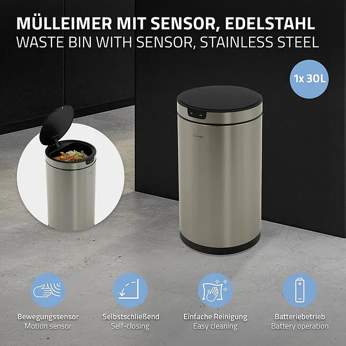 Mülleimer mit Sensor 30L rund aus Edelstahl, Silber, Automatisch -  - Edelstahl Mülleimer mit Sensor und 30L Fassungsvermögen.