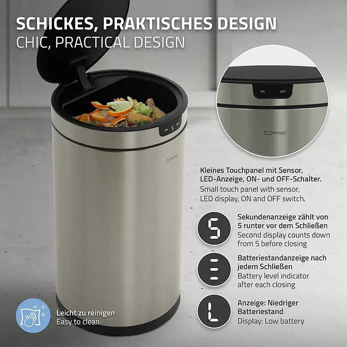Mülleimer mit Sensor 30L rund aus Edelstahl, Silber, Automatisch -  - Ein silberner smarter Mülleimer mit offenem Deckel, der Essensreste zeigt. Er verfügt über ein Touchpanel, LED-Anzeige und Batterieanzeigen.