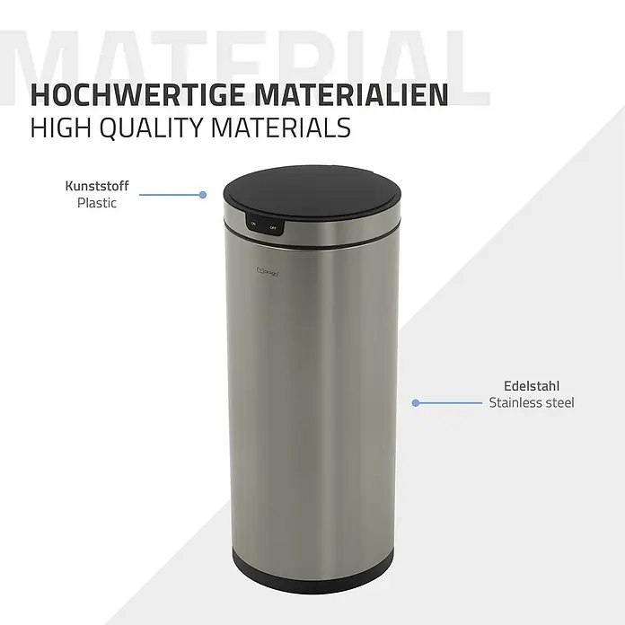 Mülleimer mit Sensor 40L rund aus Edelstahl, Silber, Automatisch -  - Grauer Edelstahl-Abfalleimer mit schwarzem Kunststoffdeckel und Ein/Aus-Tasten. Aus hochwertigen Materialien.