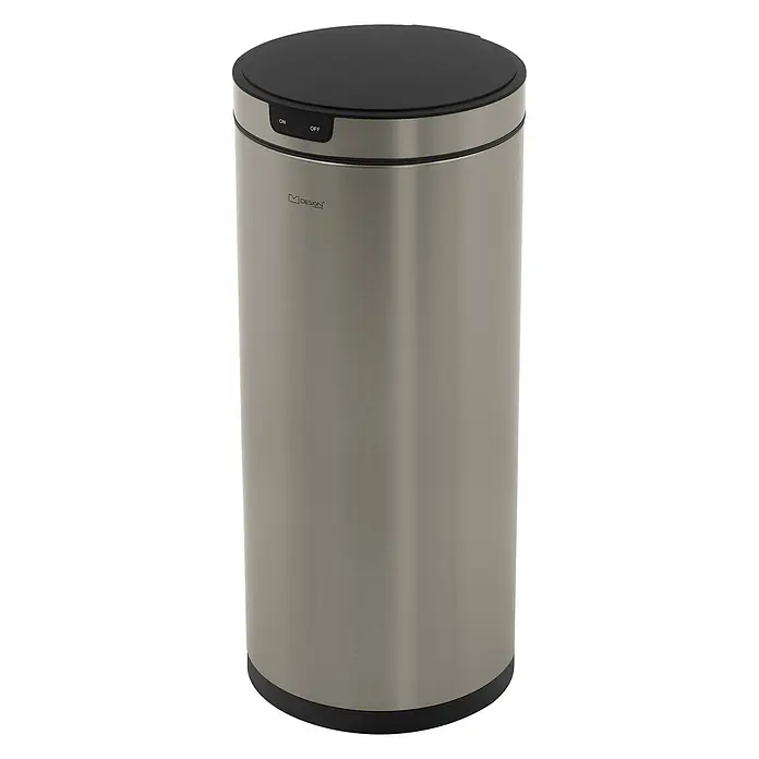 Mülleimer mit Sensor 40L rund aus Edelstahl, Silber, Automatisch -  - Automatischer Mülleimer aus gebürstetem Edelstahl mit schwarzem Deckel und „ON/OFF“-Schalter.