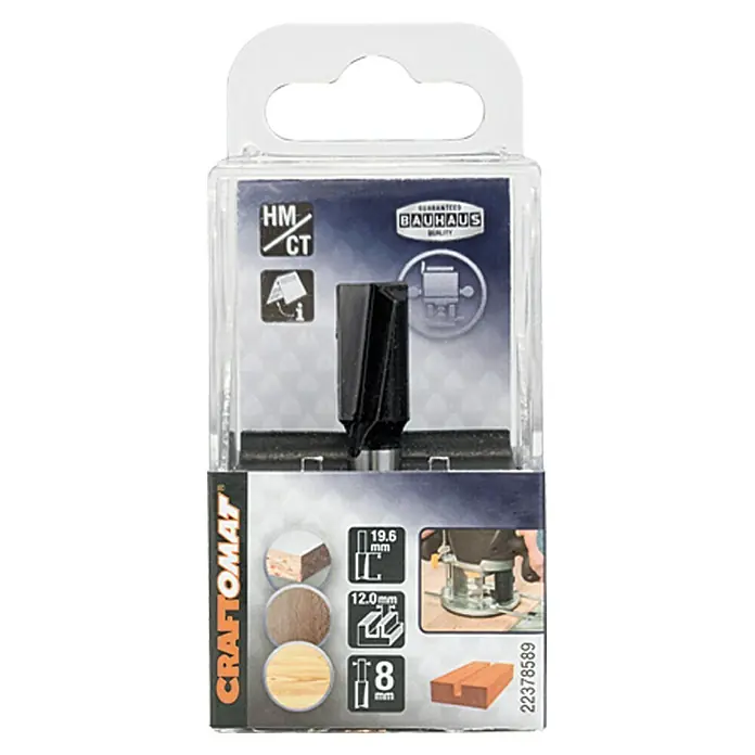 Craftomat Fresa de ranurado - 12 mm, Diámetro vástago: 8 mm - Embalaje de un cortador de ranuras CRAFTOMAT HM CT con información clave como tamaño y áreas de aplicación.