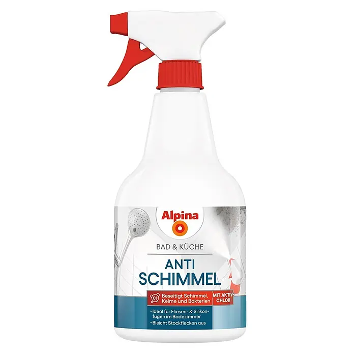 Alpina Bad & Küche Anti-Schimmel-Spray chlorhaltig – 0,5 Liter -  - Weiße Alpina Anti-Schimmel-Sprühflasche mit rotem Sprühkopf, beschriftet für Bad und Küche.