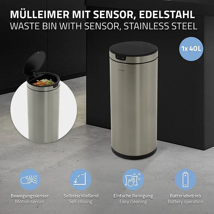 Mülleimer mit Sensor 40L rund aus Edelstahl, Silber, Automatisch -  - Edelstahl Sensor-Mülleimer, 40L, mit Bewegungssensor und Selbstschließfunktion, geöffnet und geschlossen dargestellt.