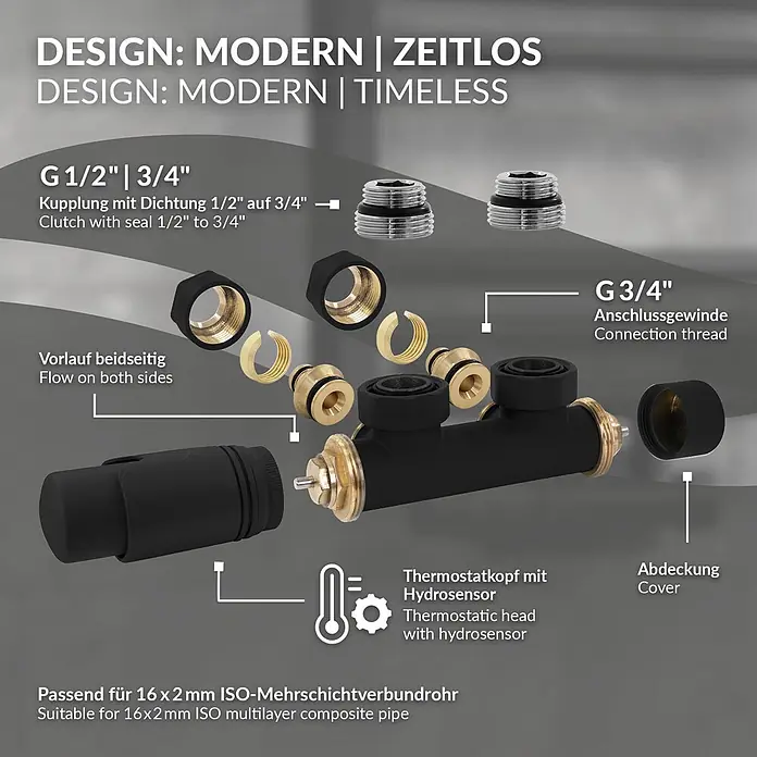 Anschlussgarnitur Badheizkörper Mittelanschluss Eckform Schwarz -  - Schwarzer Verteiler mit Messingarmaturen, Chromadaptern und Thermostatkopf, passend für 16x2mm Mehrschichtverbundrohre.