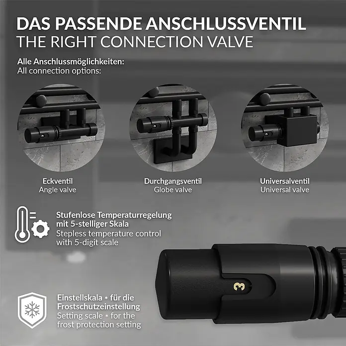 Anschlussgarnitur Badheizkörper Mittelanschluss Eckform Schwarz -  - Mattschwarze Heizkörper-Anschlussventile mit stufenloser Temperaturregelung und Frostschutz-Einstellskala.