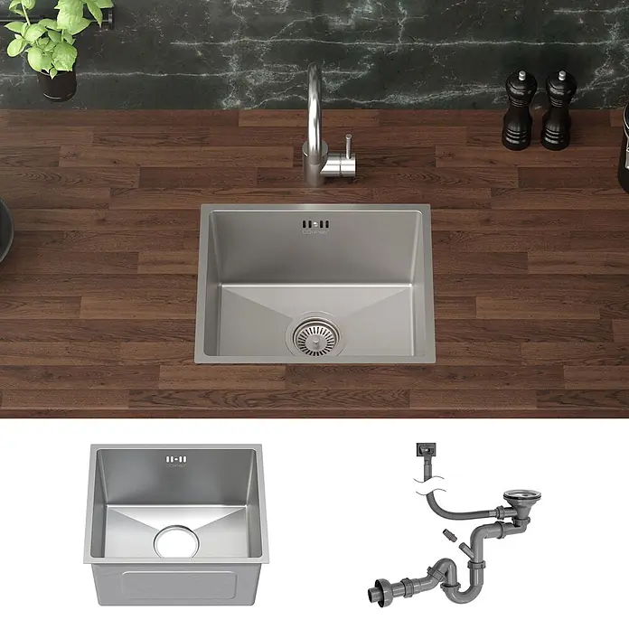 Spülbecken Edelstahl 1 Becken 34x40 cm Rechteckig klein mit Siphon -  - Edelstahl-Küchenspüle mit Wasserhahn auf dunkler Holzplatte in moderner Küche.