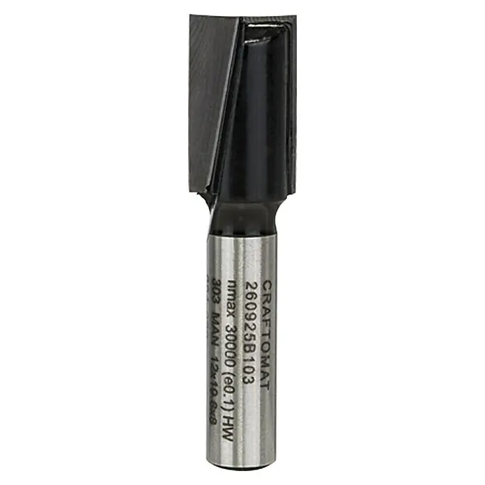 Craftomat Fresa de ranurado - 12 mm, Diámetro vástago: 8 mm - Imagen de una fresa recta CRAFTOMAT 260925B103 con marcas en el vástago, sobre una superficie blanca.
