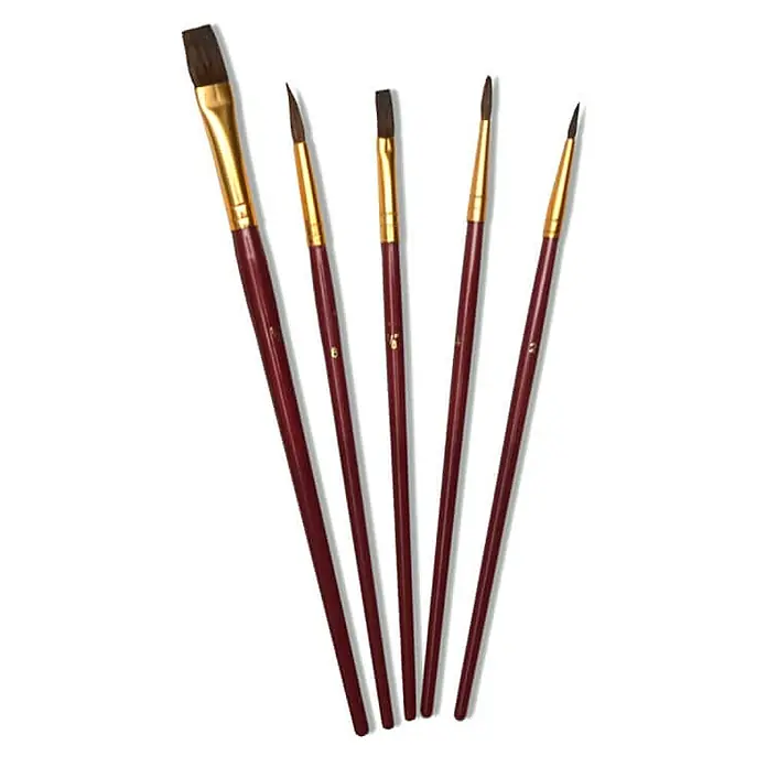 Artina Künstlerpinsel-Set - 30 -tlg., Größe Pinsel: Flachpinsel Synthetik 0, 2, ¾ Zoll und 1 Zoll Flachpinsel Naturborsten 2, 3, 4 und 6 Rundpinsel Synthetik 0 und 3 Rundpinsel Natur 5/0, 2, 4, 6 und 8 Weiße Borsten: Rund 0 und 3 Weiße Borsten: Flach 4 und 6 Weiße Borsten: Schräg 3/8 Zoll Katzenzungen: 1/8 und ½ Zoll, Kunstfaser - Set aus fünf Kunstpinseln mit dunkelroten Griffen, goldenen Zwingen und dunkelbraunen Borsten in verschiedenen Formen und Größen zum Malen.