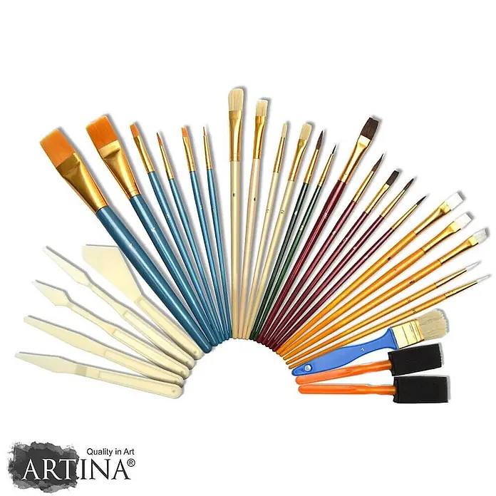Artina Künstlerpinsel-Set - 30 -tlg., Größe Pinsel: Flachpinsel Synthetik 0, 2, ¾ Zoll und 1 Zoll Flachpinsel Naturborsten 2, 3, 4 und 6 Rundpinsel Synthetik 0 und 3 Rundpinsel Natur 5/0, 2, 4, 6 und 8 Weiße Borsten: Rund 0 und 3 Weiße Borsten: Flach 4 und 6 Weiße Borsten: Schräg 3/8 Zoll Katzenzungen: 1/8 und ½ Zoll, Kunstfaser - Großes Sortiment an Kunstpinseln, Spachteln und Schwammpinseln mit farbigen Griffen, fächerförmig angeordnet.