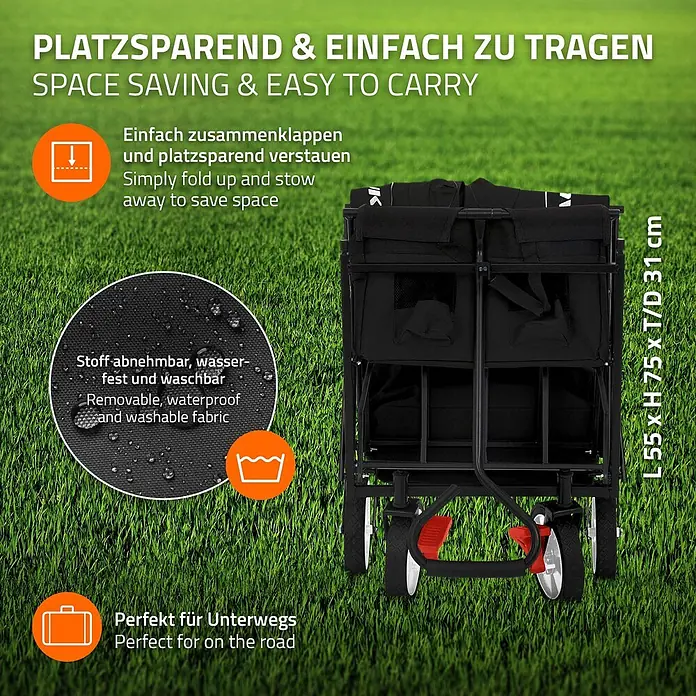 Bollerwagen faltbar mit Dach  Schwarz L für Kinder Strand Picknick -  - Kompakter, schwarzer Faltwagen mit wasserdichtem Stoff, Maße L 55 x H 75 x T 31 cm, für platzsparenden Transport.