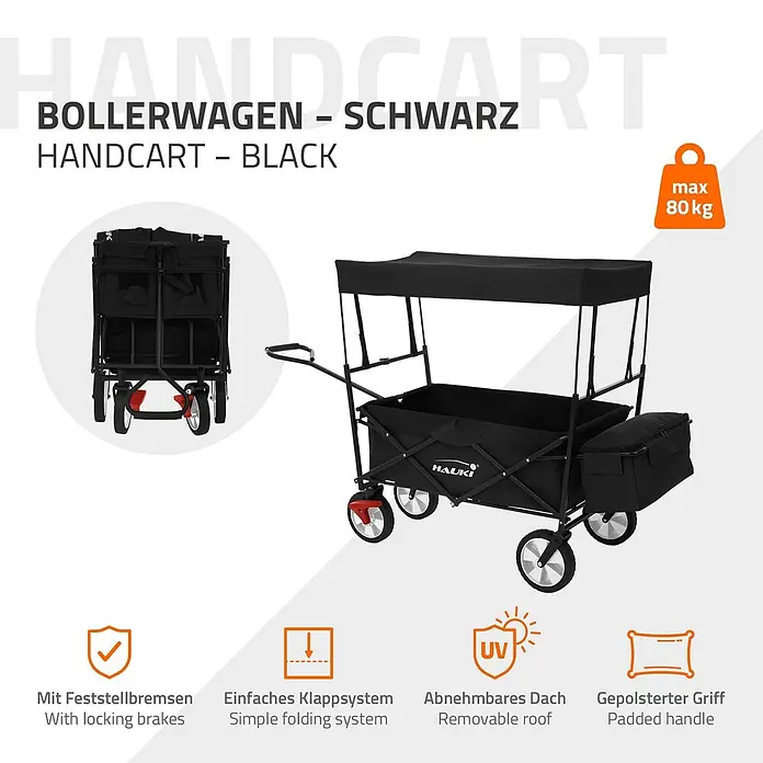 Bollerwagen faltbar mit Dach  Schwarz L für Kinder Strand Picknick -  - Schwarzer zusammenklappbarer Bollerwagen mit abnehmbarem Dach und Zusatztasche, gefaltet und entfaltet dargestellt.