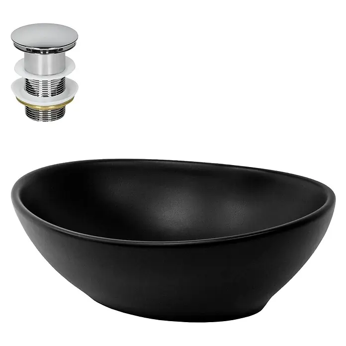 Waschbecken Keramik Schwarz 41x33,5x14,5 cm & Ablaufgarnitur Silber -  - Mattschwarzes ovales Keramik-Waschbecken mit einem Chrom-Push-Open-Ablauf.