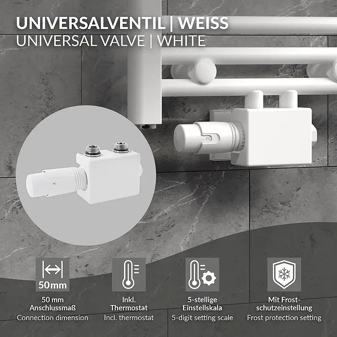 ECD Germany Multiblock Anschlussgarnitur Weiß Universal mit Thermostat -  - Weißes Universalventil mit Thermostat für Heizkörper, installiert und Nahaufnahme.