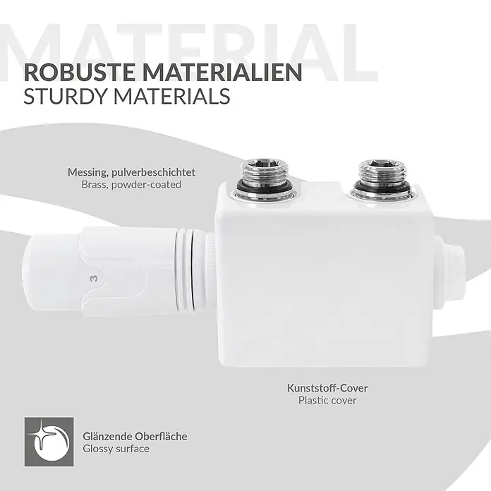 ECD Germany Multiblock Anschlussgarnitur Weiß Universal mit Thermostat -  - Weiße Thermostatventilbaugruppe mit pulverbeschichteten Messinganschlüssen und glänzender Kunststoffabdeckung.