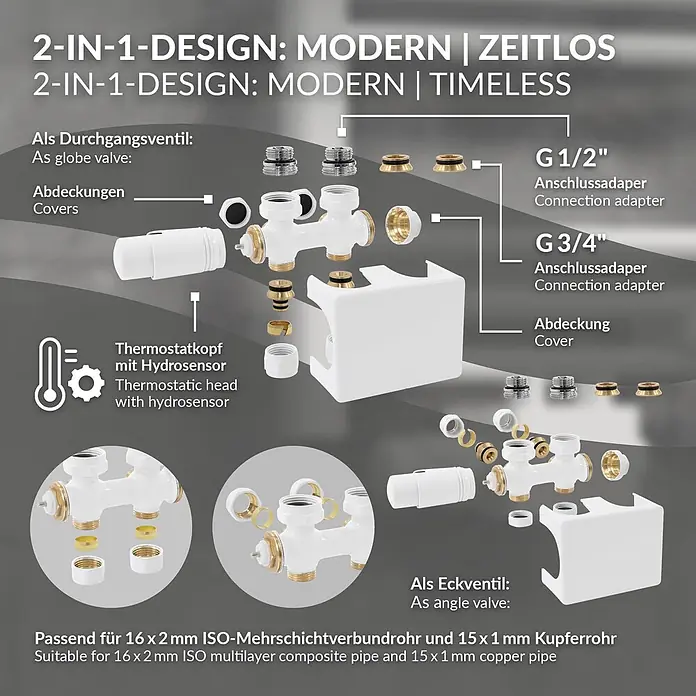 ECD Germany Multiblock Anschlussgarnitur Weiß Universal mit Thermostat -  - Weiß-goldenes 2-in-1-Thermostatventil mit Hydrosensorkopf, als Durchgangs- oder Eckventil nutzbar. Mit G1/2"- und G3/4"-Adaptern für diverse Rohre.